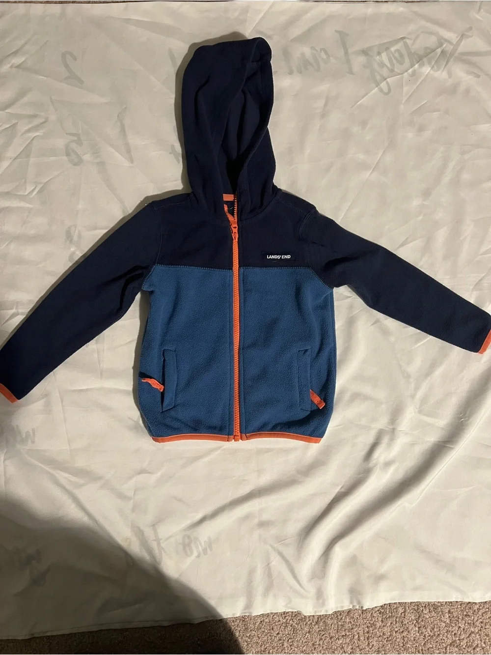 Lands' End Kids Navy and Blue Hooded Fleece Zip Jacket with Orange Trim Size 3T